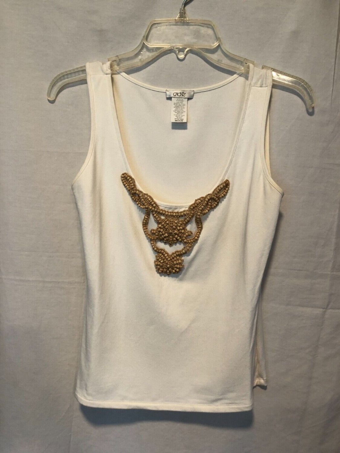 Cache White Top Tan Wood Bead Embellished Front Sz M  Stretch Sleeveless