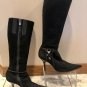 Black Suede Leather Tall Boot Shoe Silver Metal Embellishment Sz 8 Full Side Zip
