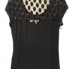 Boston Proper Black Top Lace Polka Dot Circle Knit Blouse Short Sleeve Sheer M
