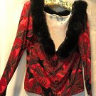 Boston Proper Stretch Knit Removable Black Faux Fur Collar Top Sz L Red Black Boston Proper Stretch Knit Removable Black Faux Fur Collar Top Sz L Red Black