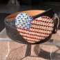 CACHE Black Embossed Leather 3" METAL HEART Rhinestones Flag Buckle Belt NWT