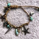 Leather Adjustable Sea Life Bracelet Silver metal charms turquoise stones