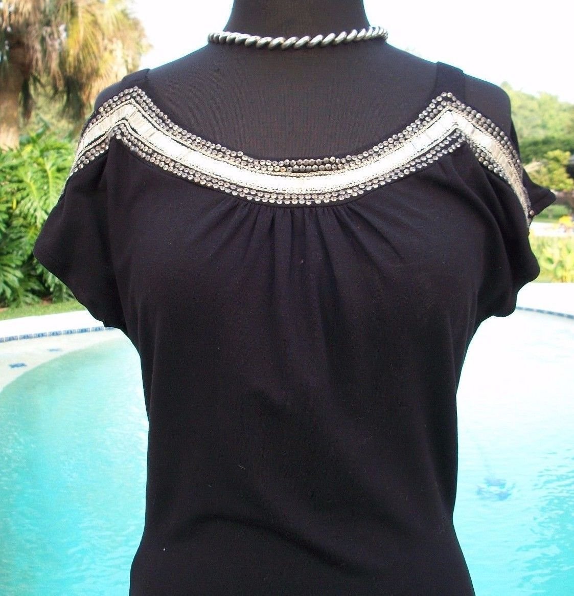 Cache Stretch Peek A Boo Shoulders Top New S/M Elaborate Ruched $98 Embellished