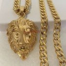New men's Gold Stainless Steel Cuban Curb Chain Necklace Lion Head Pendant+chain
