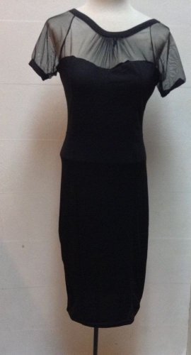 Womens Solid Black Bodycon Stretch Dress Sheer Semi Low Cut Mesh Sheer Sz L NEW