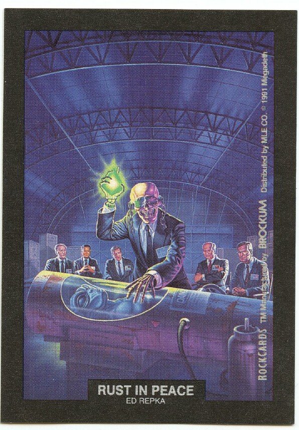 Rust in Peace Ed Repka sticker insert Brockum RockCards 1991