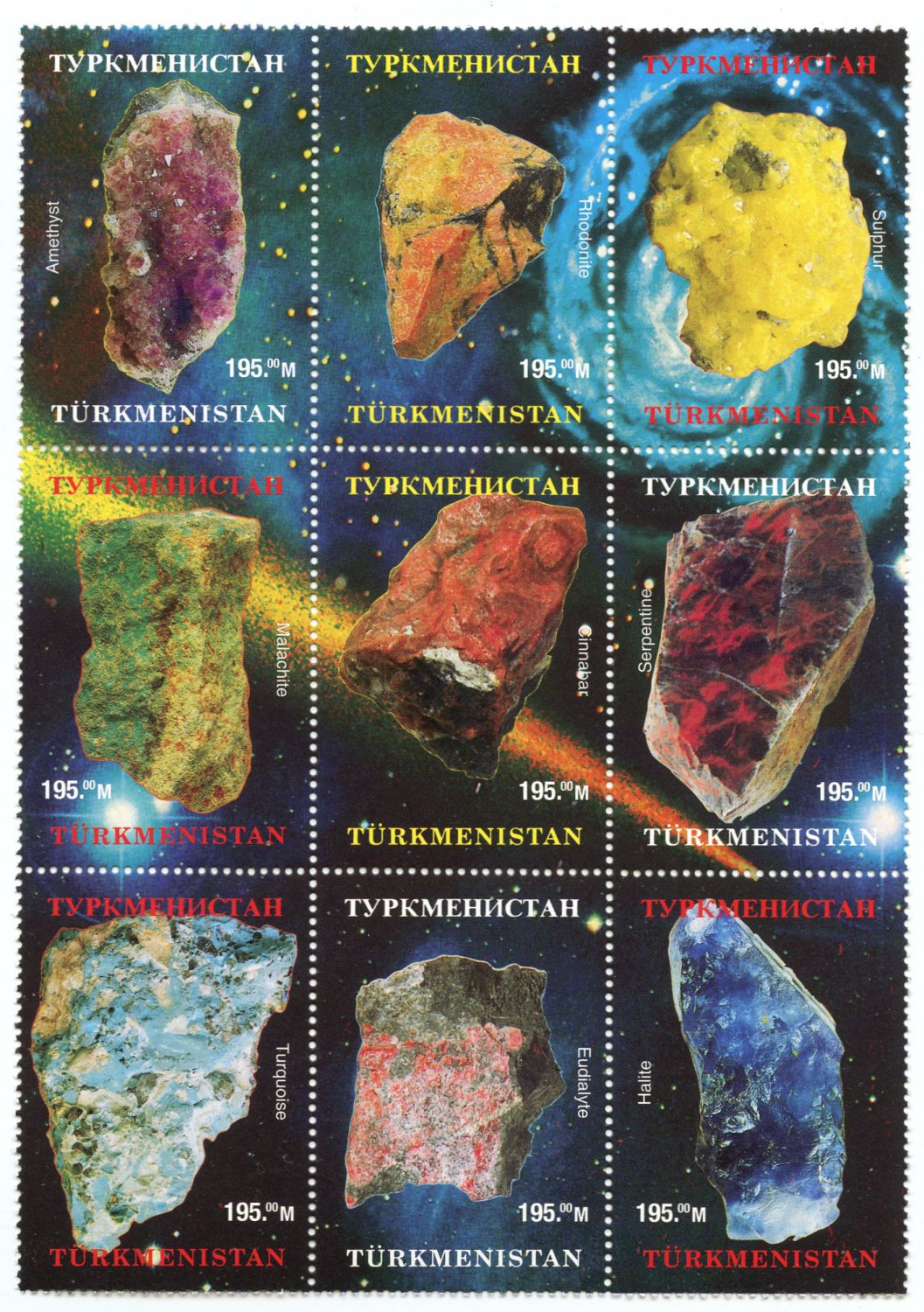 Mineral Rocks MNH Block of 9 stamps Turkmenistan Amethyst Turquoise