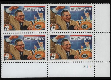 Vince Lombardi Packers Coach 1997 USA #3147 Plate Block LR