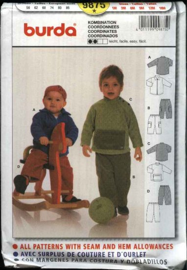 Burda Sewing Pattern 9875 Boys Size 1 month - 18 months Easy Pants Top