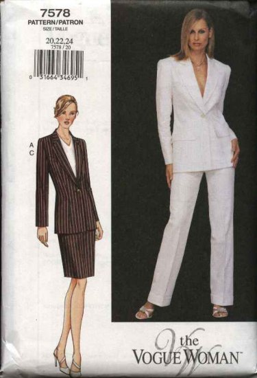 Vogue Woman Sewing Pattern 7578 Misses Size 8 10 12 Suit Jacket Skirt Pants 4903