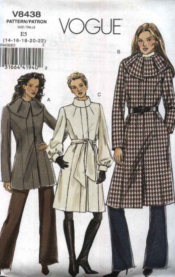 Vogue Sewing Pattern 8438 Misses Size 14-22 Easy Long Short Lined ...