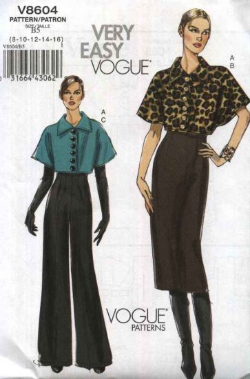 Vogue Sewing Pattern 8604 Misses Size 8-16 Easy Cropped Short Sleeve ...