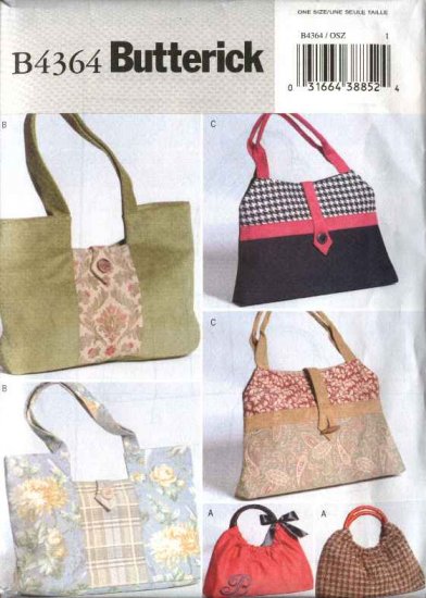 Butterick Sewing Pattern 4364 B4364 Three Lined Fashion Handbags Purses ...