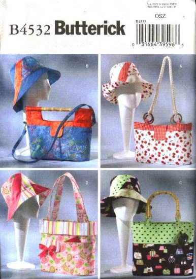Butterick Sewing Pattern 4532 Handbags Totes Purses Matching Sun Hats