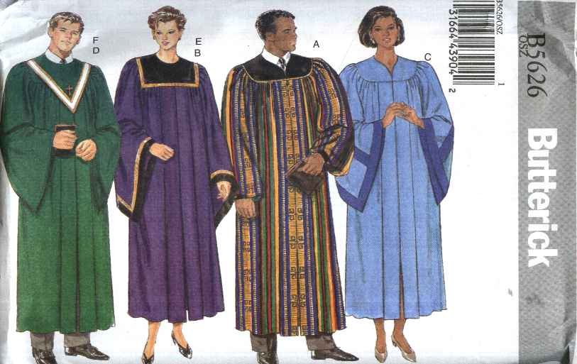 Butterick Sewing Pattern 5626 3820 Unisex Chest Sizes 30 48 Choir Graduation Robe Collar Minister 