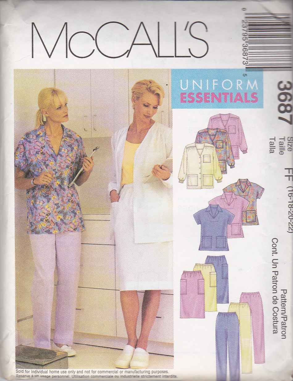 McCall's Sewing Pattern 3687 Misses Size 1622 Scrub Medical Uniforms
