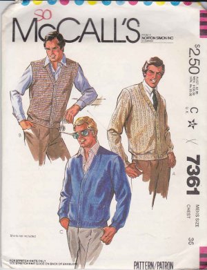 McCall's Sewing Pattern 7361 Men's Chest Size 36 Knit Cardigan Sweater ...