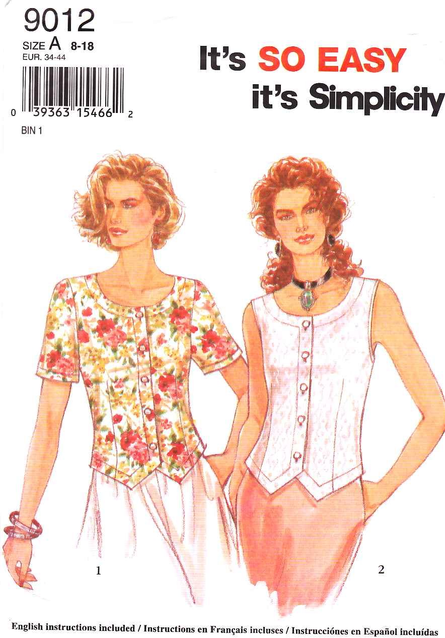 Simplicity Sewing Pattern 9012 Misses Size 8-18 Easy Button Front Top ...