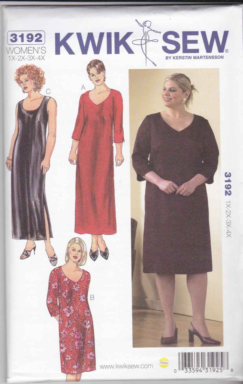 Kwik Sew Sewing Pattern 3192 Womens Plus Size 1x 4x 22w 32w Straight Long Short Dress 