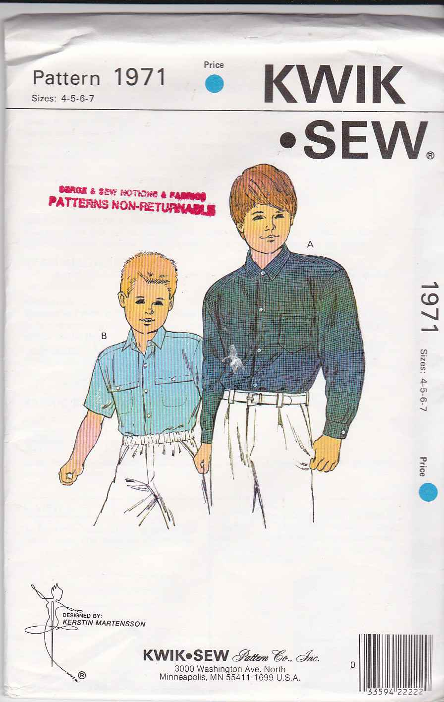 Kwik Sew Sewing Pattern 1971 K197 Boys Sizes 4-7 Button Front Shirt ...