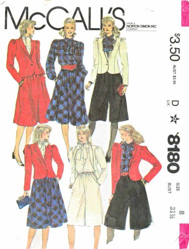 McCall's Sewing Pattern 8180 Misses Size 8 Wardrobe Jacket Skirt ...