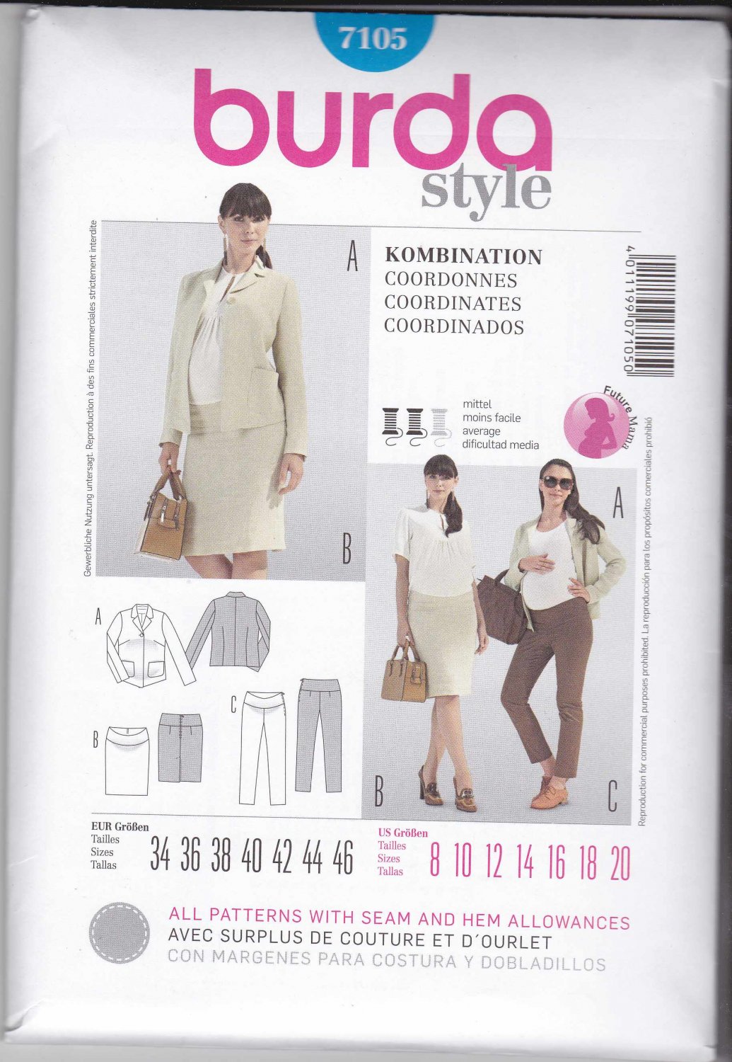 Burda Sewing Pattern 7105 Maternity Misses Size 820 Straight Skirt Pants Long Sleeve Jacket