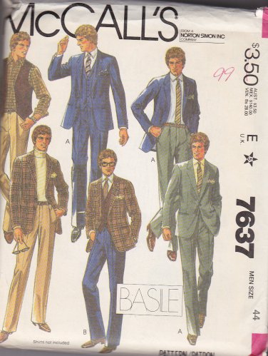 McCall's Sewing Pattern 7637 M7637 Mens Size 44 Basile Suit Jacket Vest ...