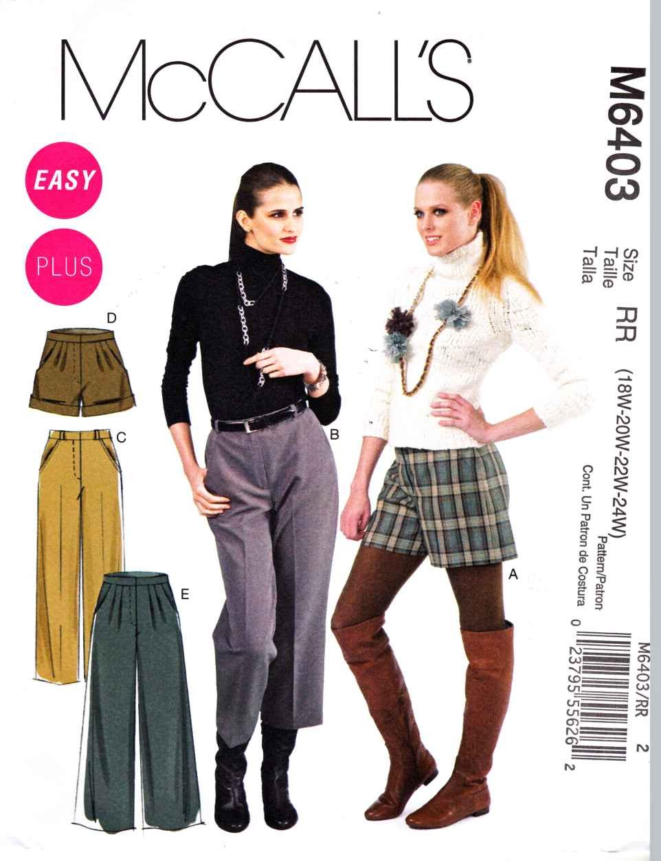 McCalls Sewing Pattern 6403 Misses Size 8-16 Easy Shorts Cropped Capri ...
