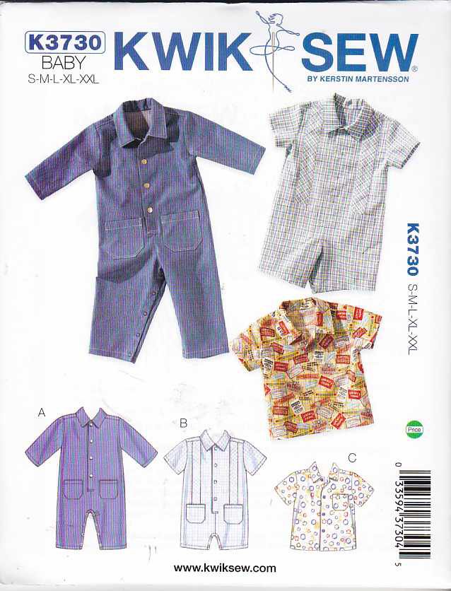 Kwik Sew Sewing Pattern 3730 Babies Sizes S - XXL Baby Overalls Shirt ...