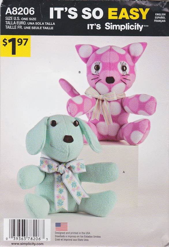 Simplicity Sewing Pattern A8206 8206 Easy Stuffed 10" Dog Cat OOP