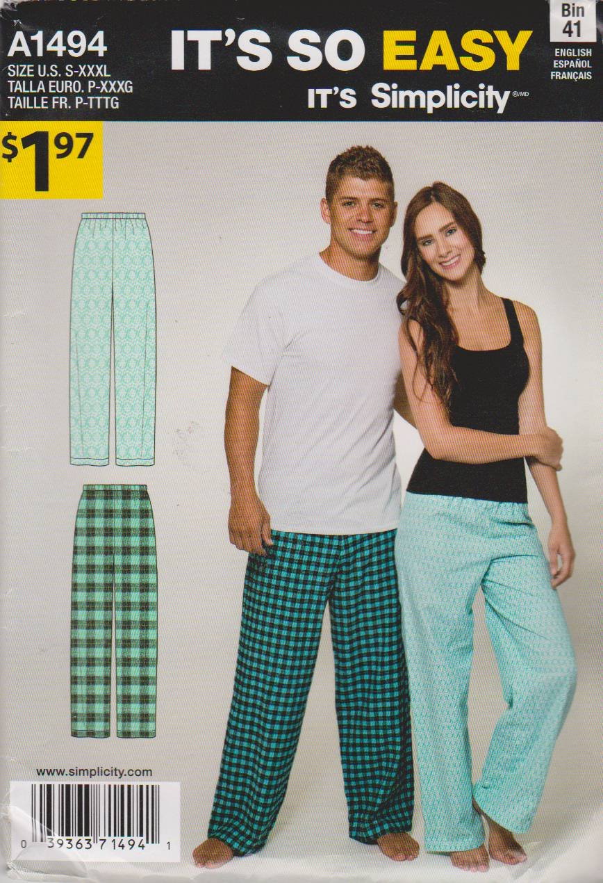 Simplicity Sewing Patterns A1494 Unisex Mens Misses Size S Xxxl Easy