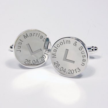 Engraved L Plate Silver Plated Round Just Married Cufflinks Gift for Groom Wedding Day