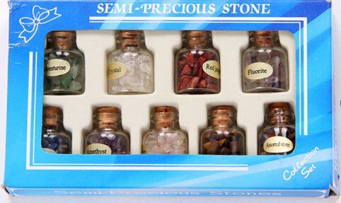 9 Mini Gemstone Bottles Chip Sz Crystal Healing Tumbled Gem Stones Reiki Wicca