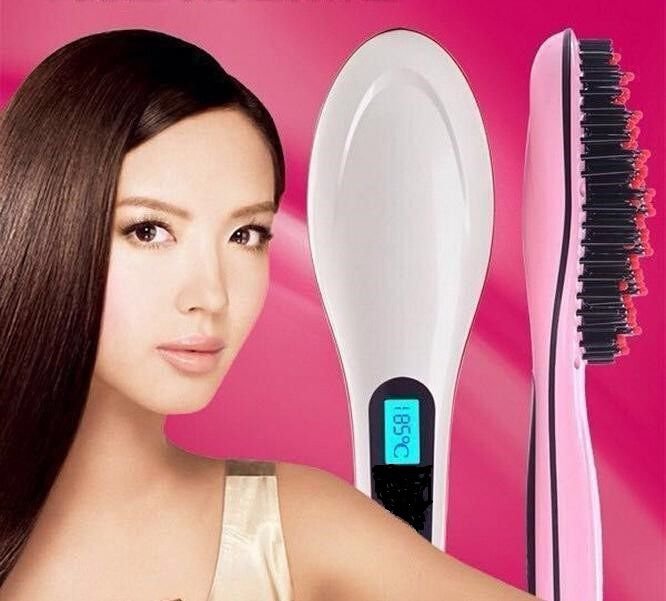 Automatic Hair Straightener Paddle Brush Comb LCD Iron Styler Tool PINK / WHITE