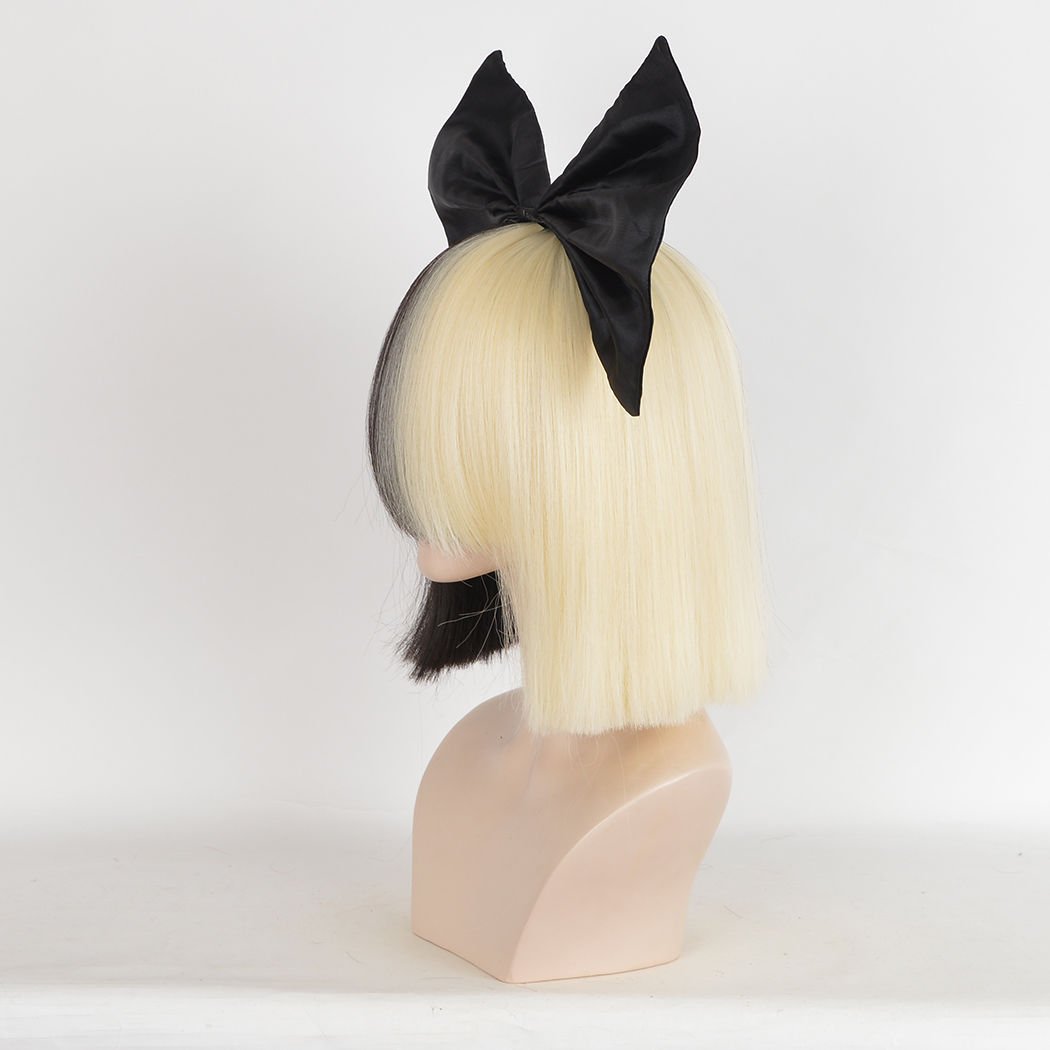 New Sia Furler Costume Wig Half Black Half Platinum Blonde Long Bob