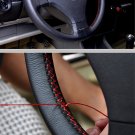 Black Leather Steering Wheel Cover Truck Car Auto 38cm DIY w/ Needles & Thread