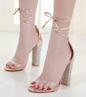 Women Rhinestones High Block Heels Ankle Strap Lace Clear Up Stilettos Sandals