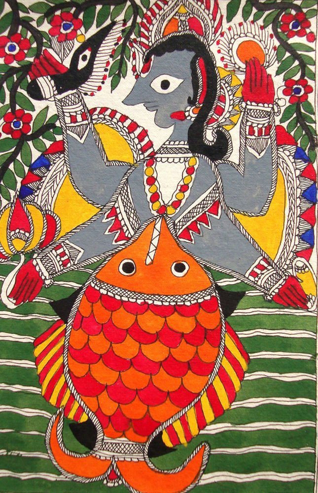 Vishnu Matsya Madhubani Painting Hindu God Avatar Fish Incarnation ...