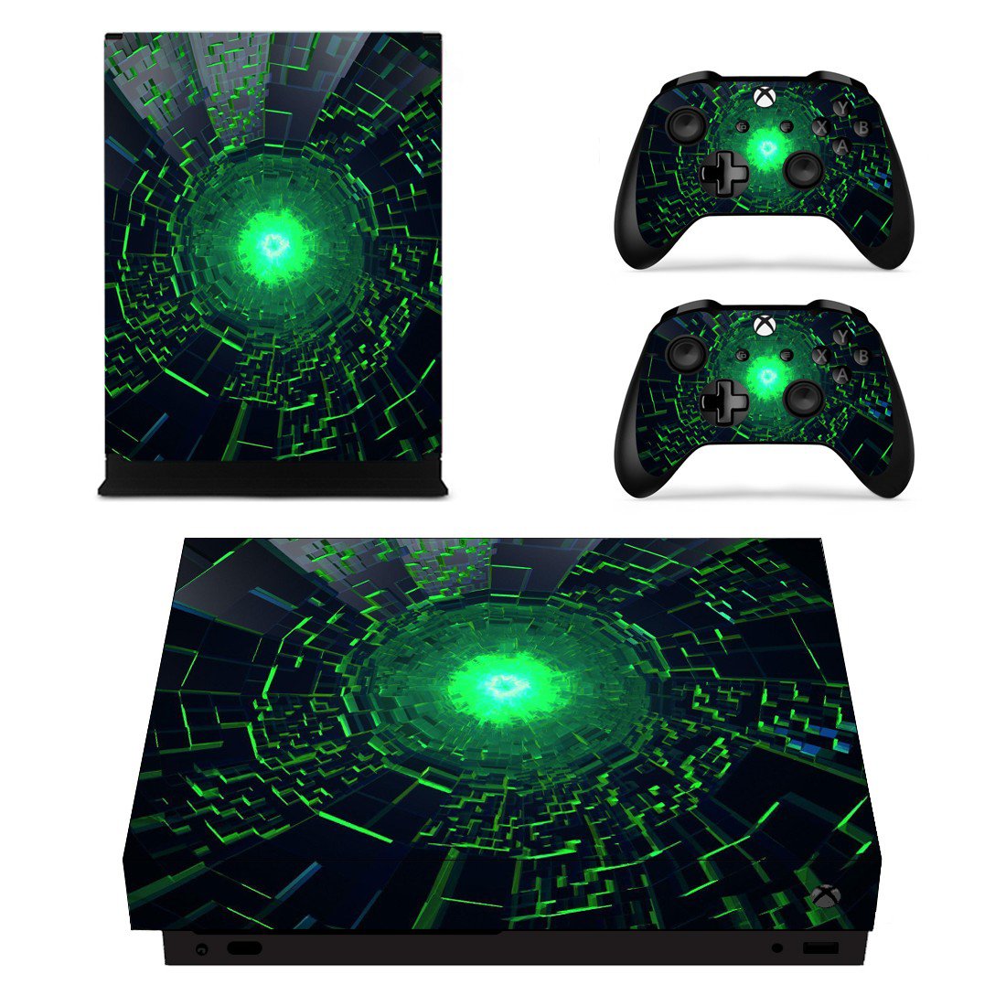 Lime Green Futuristic Geometric Pattern xbox one X skin decal for console and 2 controllers