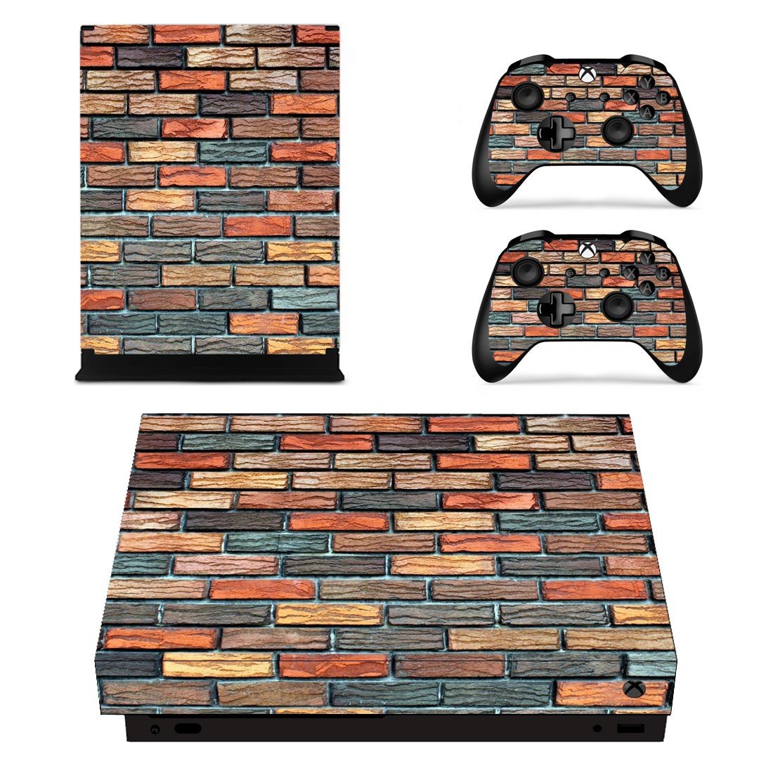 Multicolour brick wall print xbox one X skin decal for console and 2 controllers