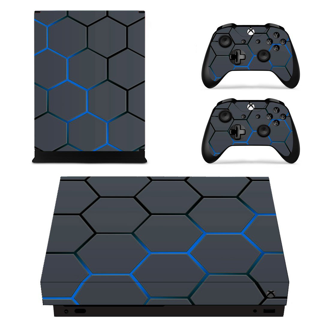Hexagon Pattern blue Neon xbox one X skin decal for console and 2 controllers