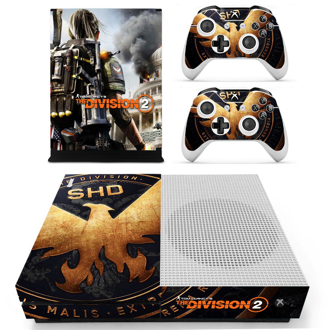 The Division 2 skin decal for Xbox one S console and controllers