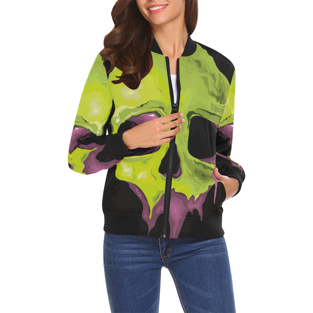 Size XL - Green Skull Women's All Over Print Casual Jacket