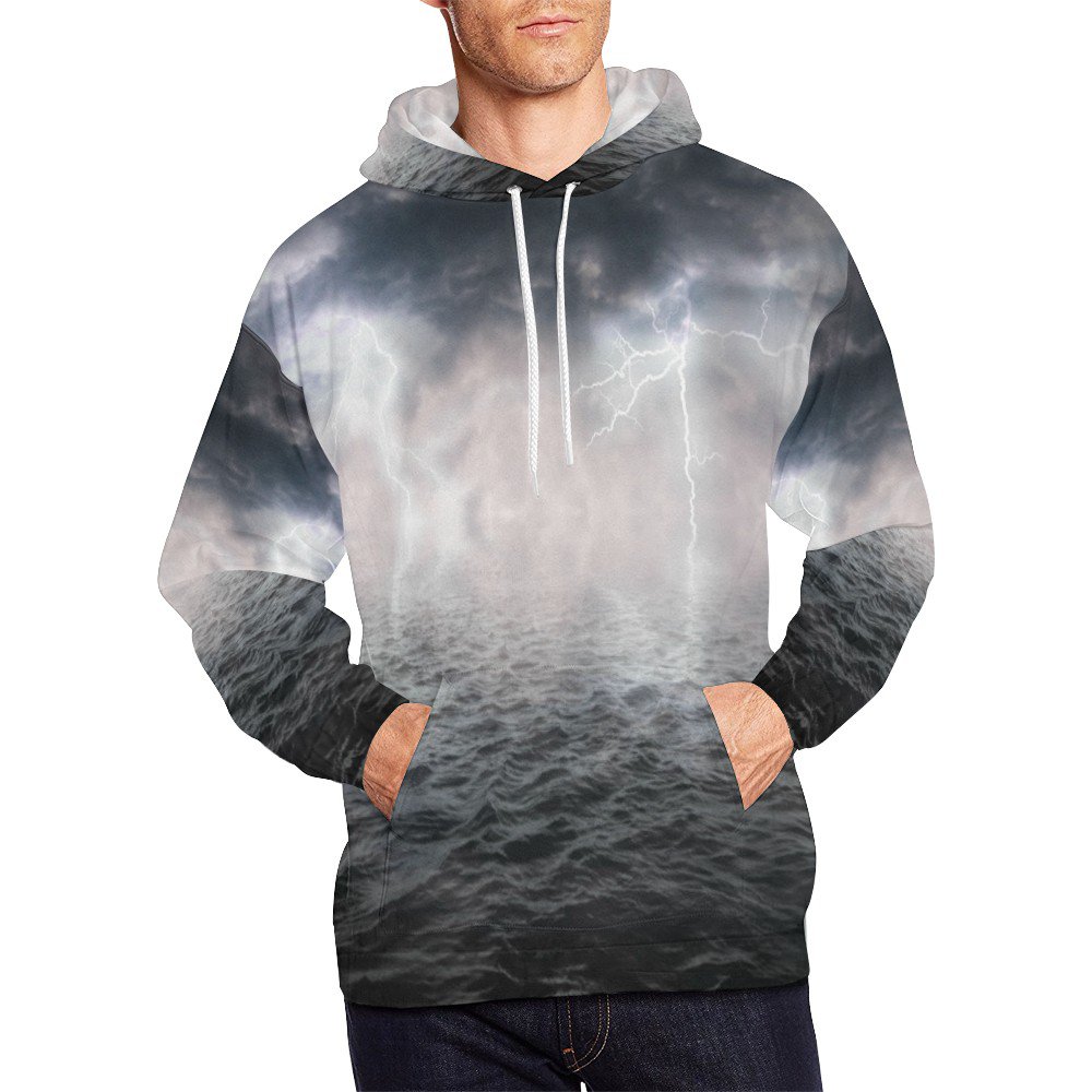 Size M - Thunderbolt Lightning on Sea Ocean Men's Full Print Hoodie (USA Size)