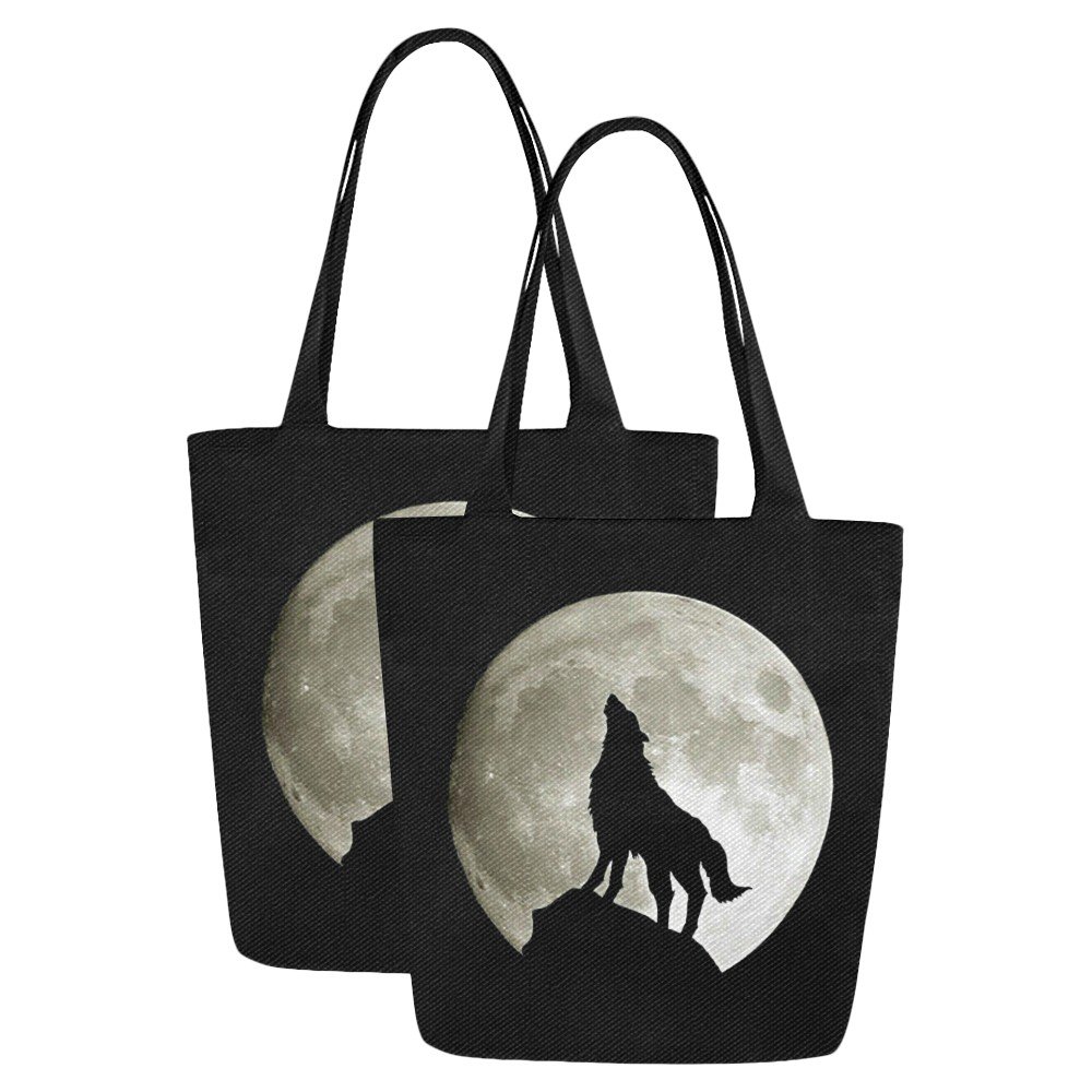 Set of TWO Wolf Silhouette and the Moon Canvas Tote Bag Two Sides Printing