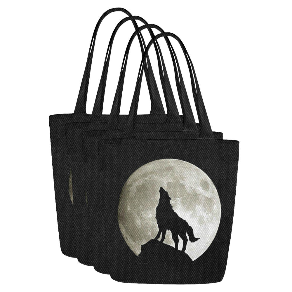 Set of FOUR Wolf Silhouette and the Moon Canvas Tote Bag Two Sides Printing
