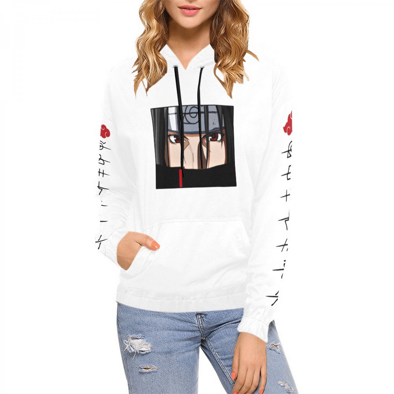USA Size Women's WHITE Itachi Uchiha Anime All Over Print Hoodie