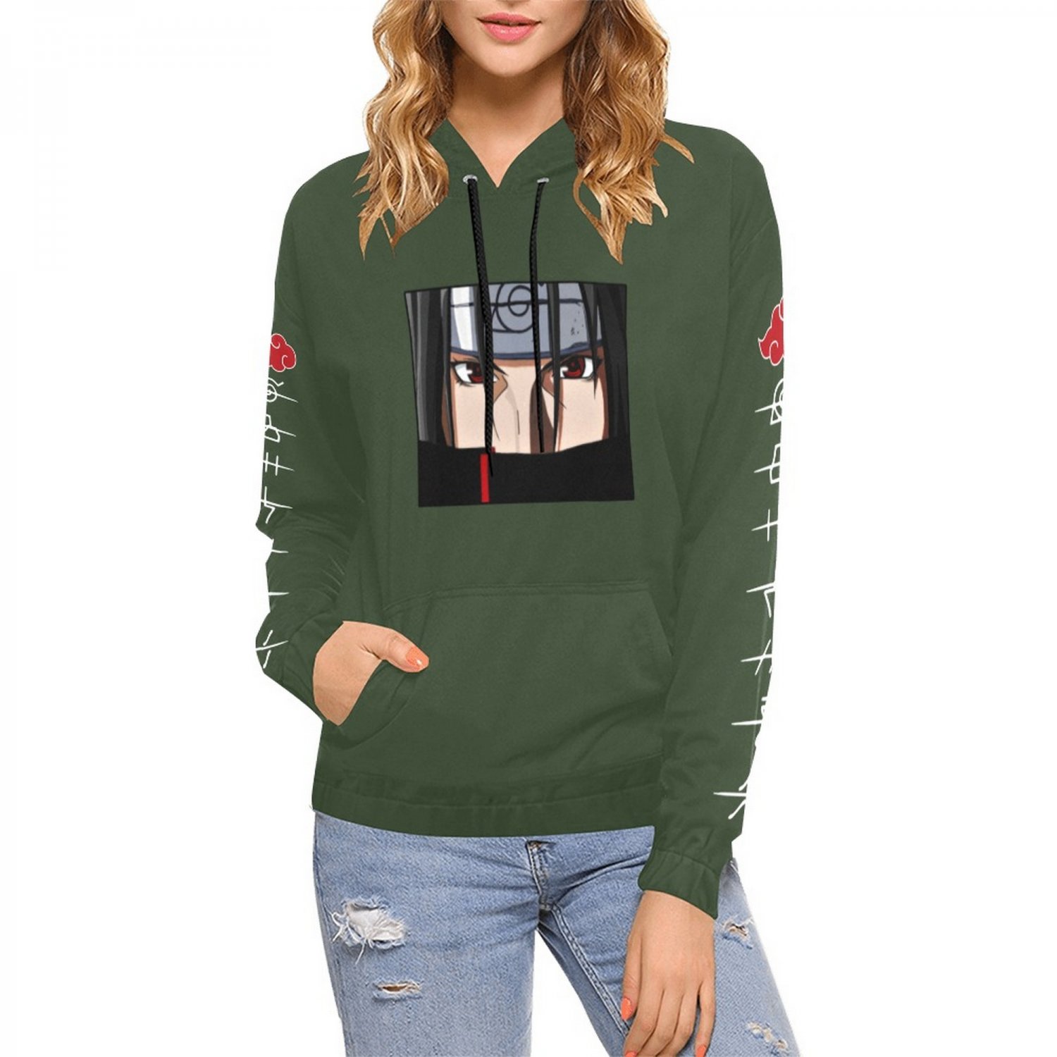 USA Size Women's GREEN ARMY Itachi Uchiha Anime All Over Print Hoodie