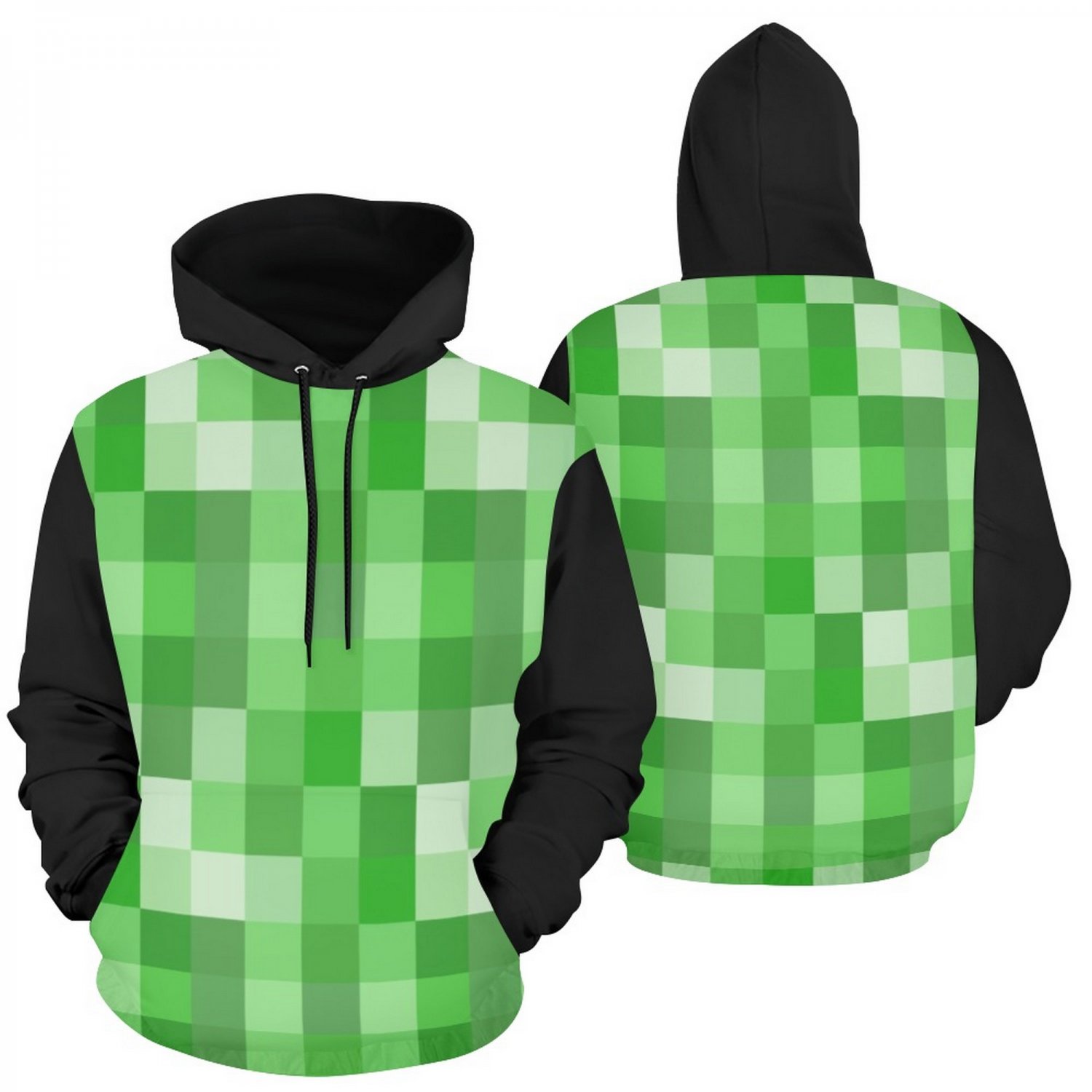 USA Size Green Pixel Squares Game Lover Sleeve Hood Black Men's Full Print Hoodie
