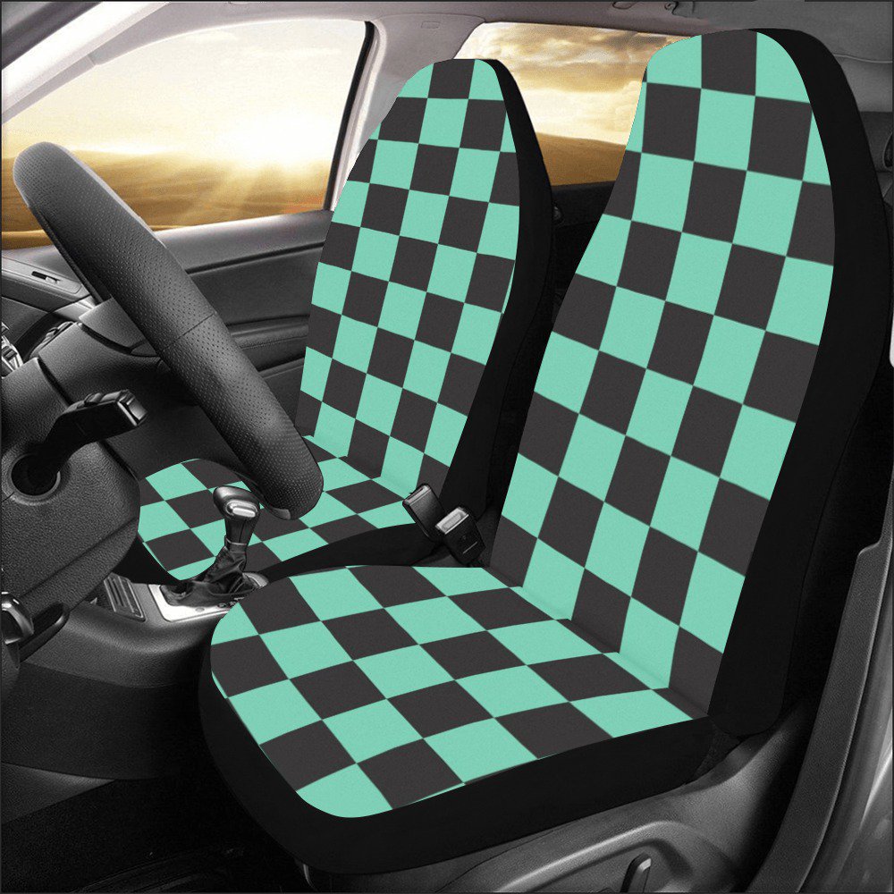Anime Checkered Black Green Car Seat Covers (Set of 2)